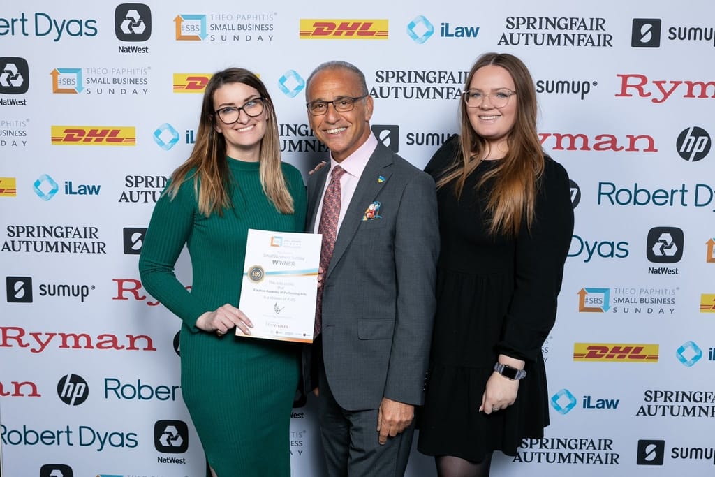 Fixation academy founders with Theo Paphitis winning the Small Business Sunday award